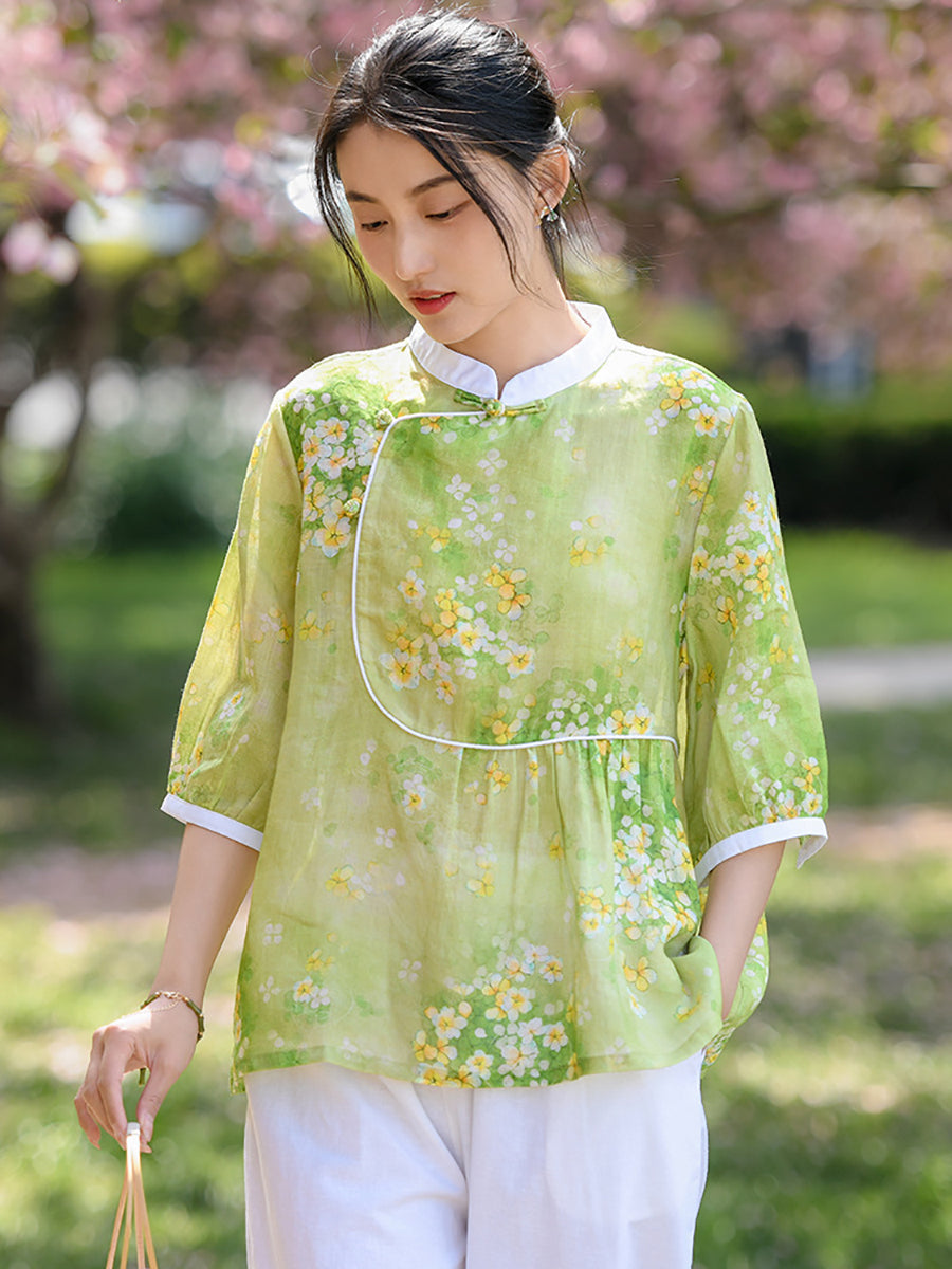 Women Summer Ethnic Floral Spliced Ramie Shirt OO1010 QMCJ