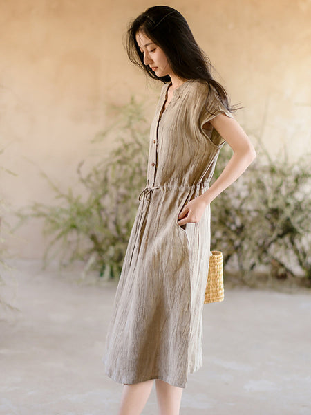 Women Summer Vintage Solid Strap Wrist Linen Dress OO1011 QMCJ