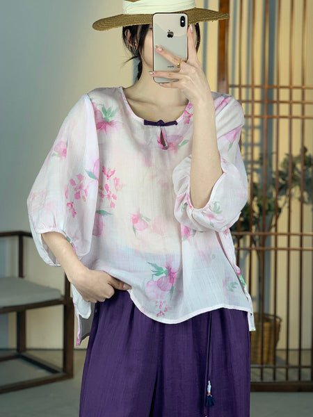Women Summer Artsy Floral Button Ramie Shirt OO1012 XJYF