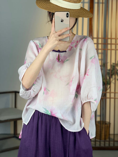 Women Summer Artsy Floral Button Ramie Shirt OO1012 XJYF