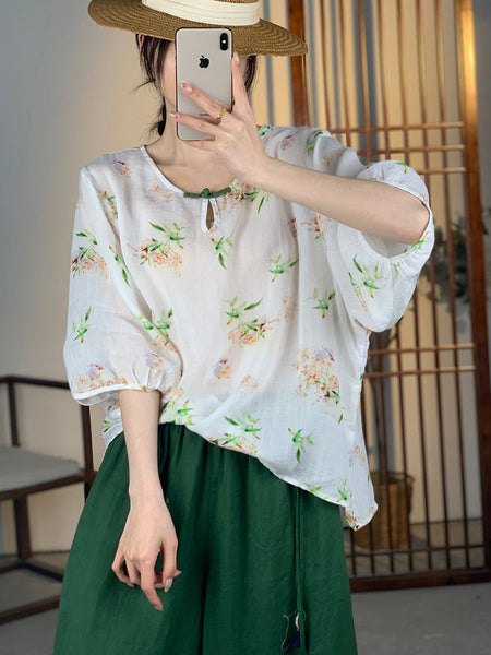Women Summer Artsy Floral Button Ramie Shirt OO1012 XJYF