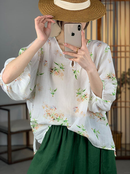 Women Summer Artsy Floral Button Ramie Shirt OO1012 XJYF