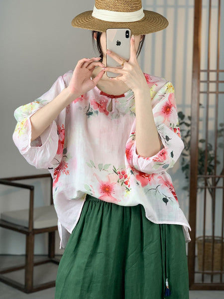 Women Summer Artsy Floral Button Ramie Shirt OO1012 XJYF