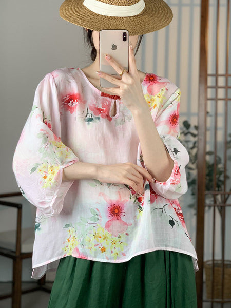 Women Summer Artsy Floral Button Ramie Shirt OO1012 XJYF