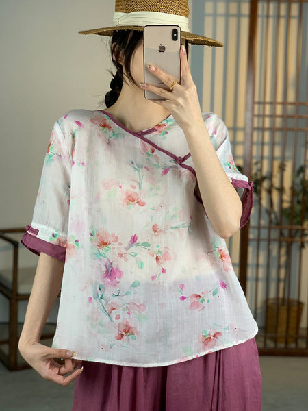 Women Summer Artsy Floral Button Ramie Shirt OO1012 XJYF