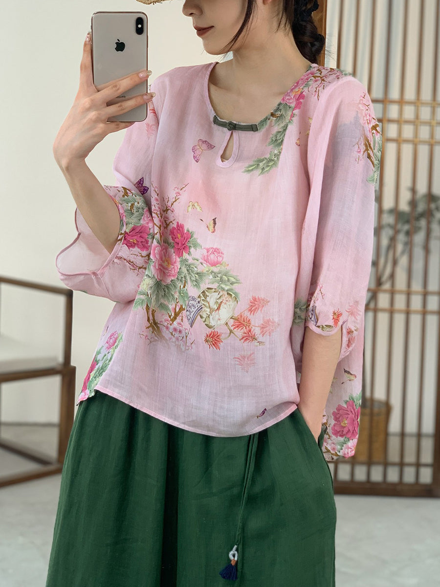Women Summer Artsy Floral Button Ramie Shirt OO1012 XJYF
