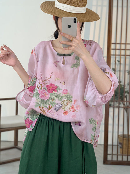 Women Summer Artsy Floral Button Ramie Shirt OO1012 XJYF