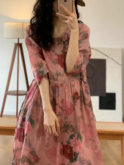 Women Summer Vintage Flower O-Neck Ramie Dress OO1013 XJYF