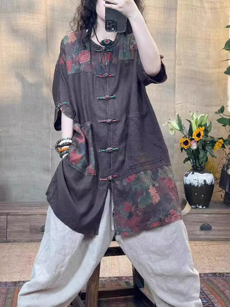 Women Summer Vintage Spliced Button Linen Shirt OO1014 JPFS