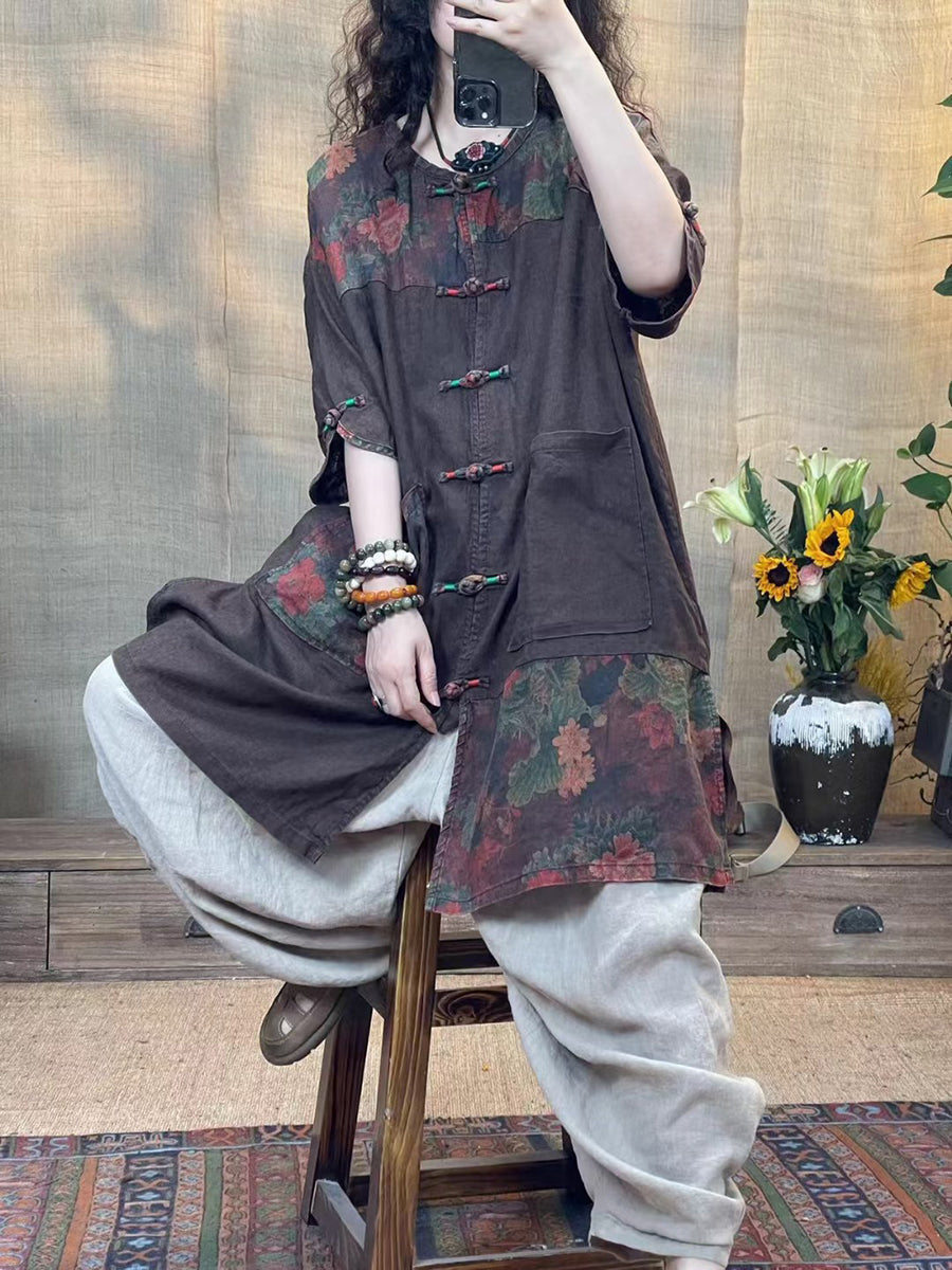 Women Summer Vintage Spliced Button Linen Shirt OO1014 JPFS