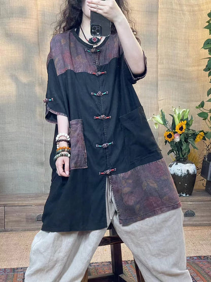 Women Summer Vintage Spliced Button Linen Shirt OO1014 JPFS