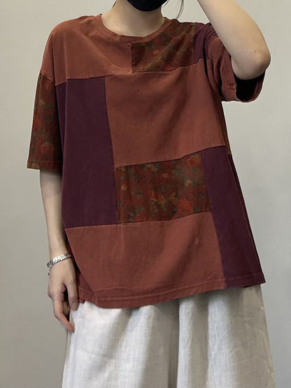 Women Summer Vintage Spliced O-Neck Cotton Shirt OO1015 JPFS