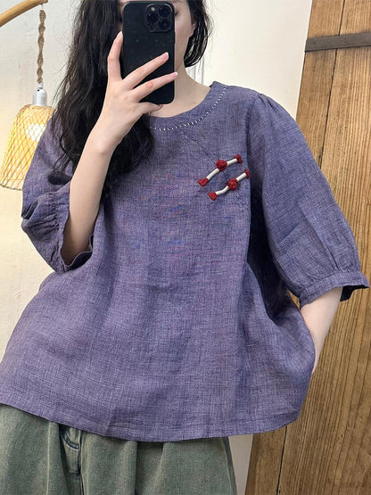 Women Summer Vintage Buckle Solid O-Neck Linen Shirt OO1026 ZMMM