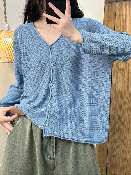 Women Summer Casual Solid Button-Up V-Neck Shirt OO1027 HLCP