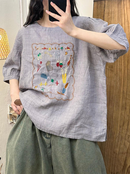 Women Summer Artsy Embroidery Linen Shirt II1055 BUYKUD