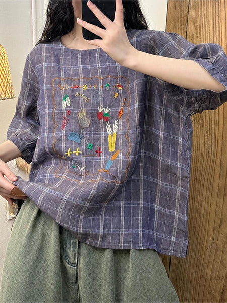 Women Summer Artsy Embroidery Linen Shirt II1055 BUYKUD