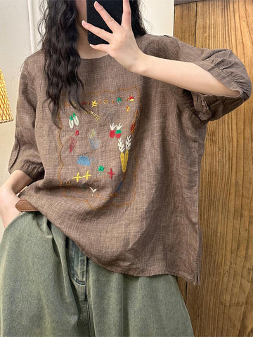 Women Summer Artsy Embroidery Linen Shirt II1055 BUYKUD