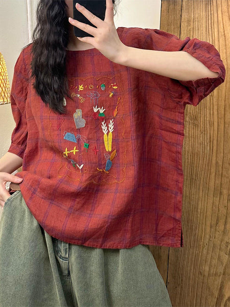 Women Summer Artsy Embroidery Linen Shirt II1055 BUYKUD