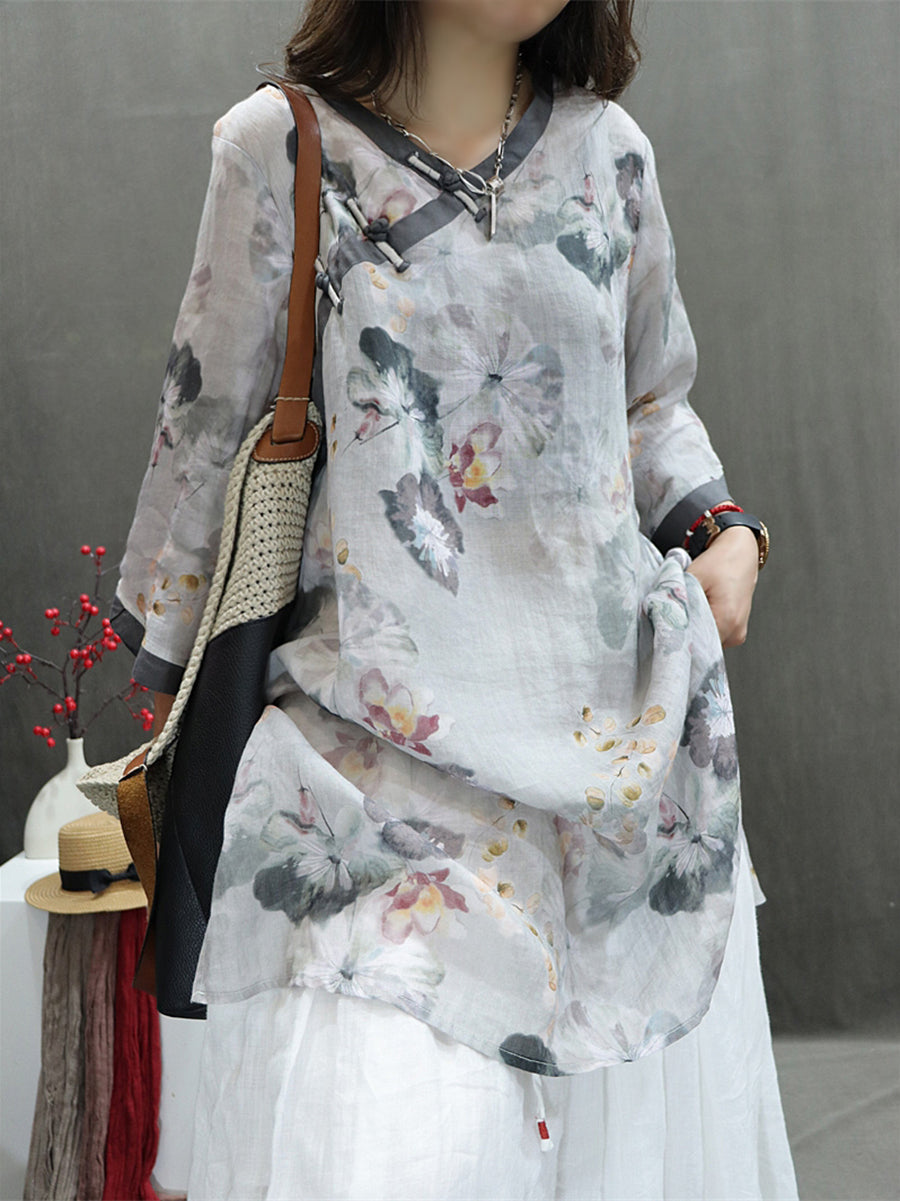 Women Summer Vintage Flower Spliced Ramie Shirt II1036 BUYKUD