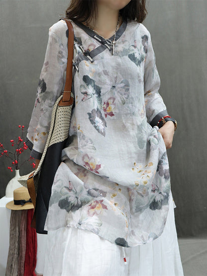 Women Summer Vintage Flower Spliced Ramie Shirt II1036 BUYKUD