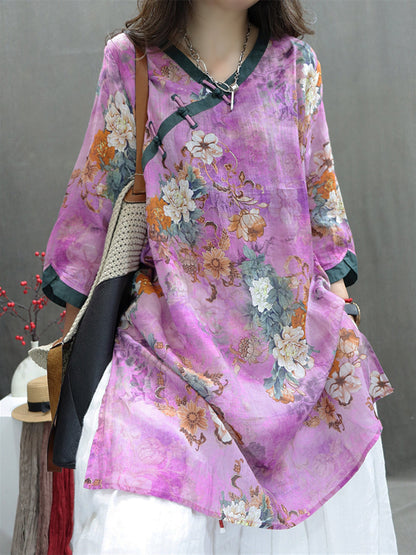 Women Summer Vintage Flower Spliced Ramie Shirt II1036 BUYKUD