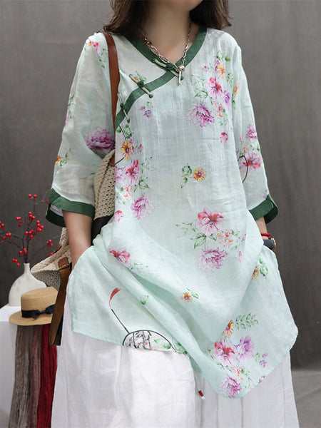 Women Summer Vintage Flower Spliced Ramie Shirt II1036 BUYKUD