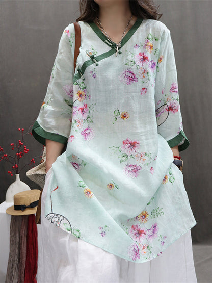 Women Summer Vintage Flower Spliced Ramie Shirt II1036 BUYKUD