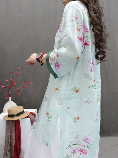 Women Summer Vintage Flower Spliced Ramie Shirt II1036 BUYKUD