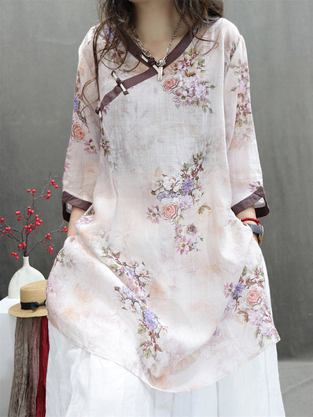 Women Summer Vintage Flower Spliced Ramie Shirt II1036 BUYKUD