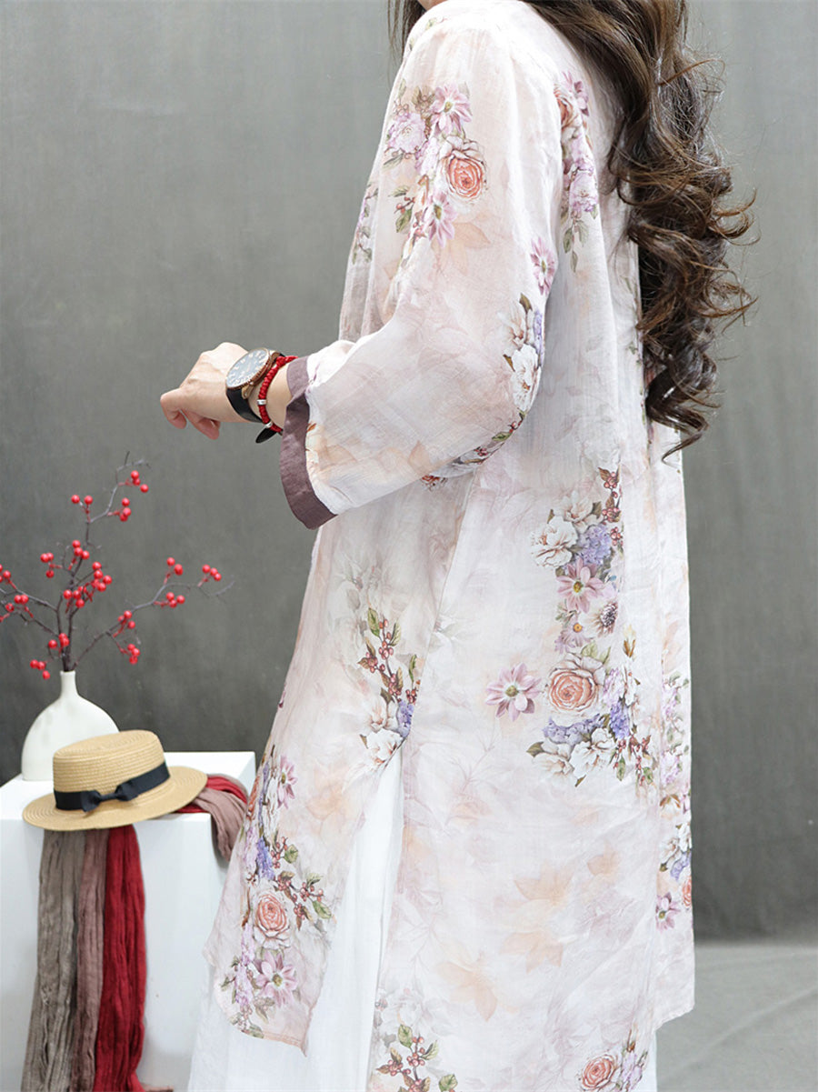 Women Summer Vintage Flower Spliced Ramie Shirt II1036 BUYKUD