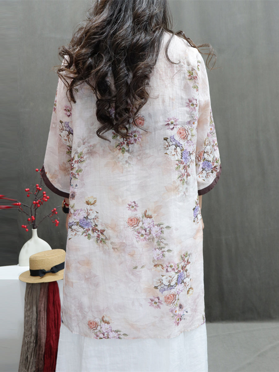 Women Summer Vintage Flower Spliced Ramie Shirt II1036 BUYKUD