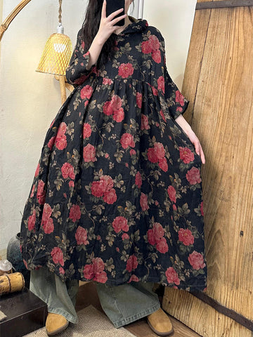 Women Summer Artsy Flower Cotton Hooded Dress II1034 BUYKUD