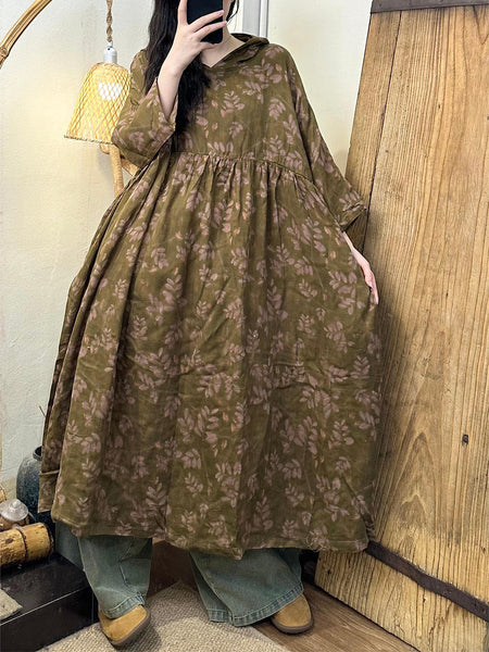Women Summer Artsy Flower Cotton Hooded Dress II1034 BUYKUD