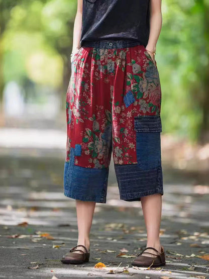 Women Summer Ethnic Floral Spliced Mid-Claf Pants II1037 BUYKUD