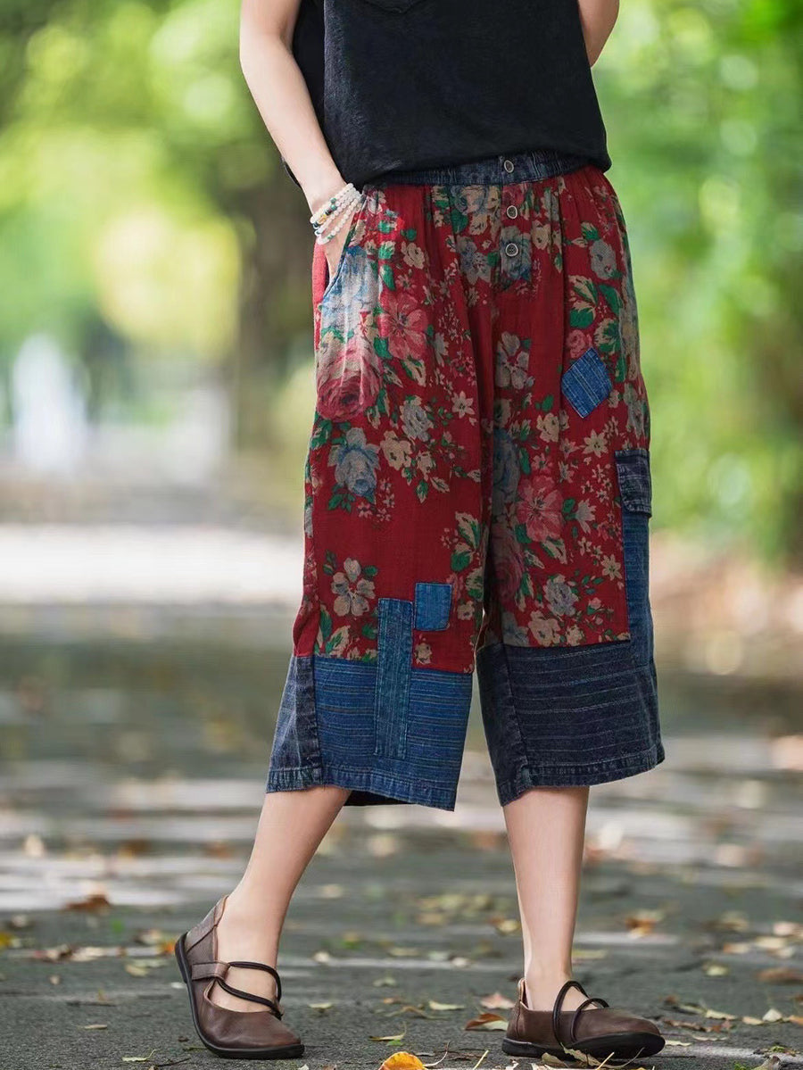 Women Summer Ethnic Floral Spliced Mid-Claf Pants II1037 BUYKUD