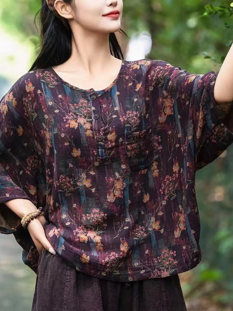 Women Summer Artsy Flower O-Neck Cotton Shirt II1038 BUYKUD