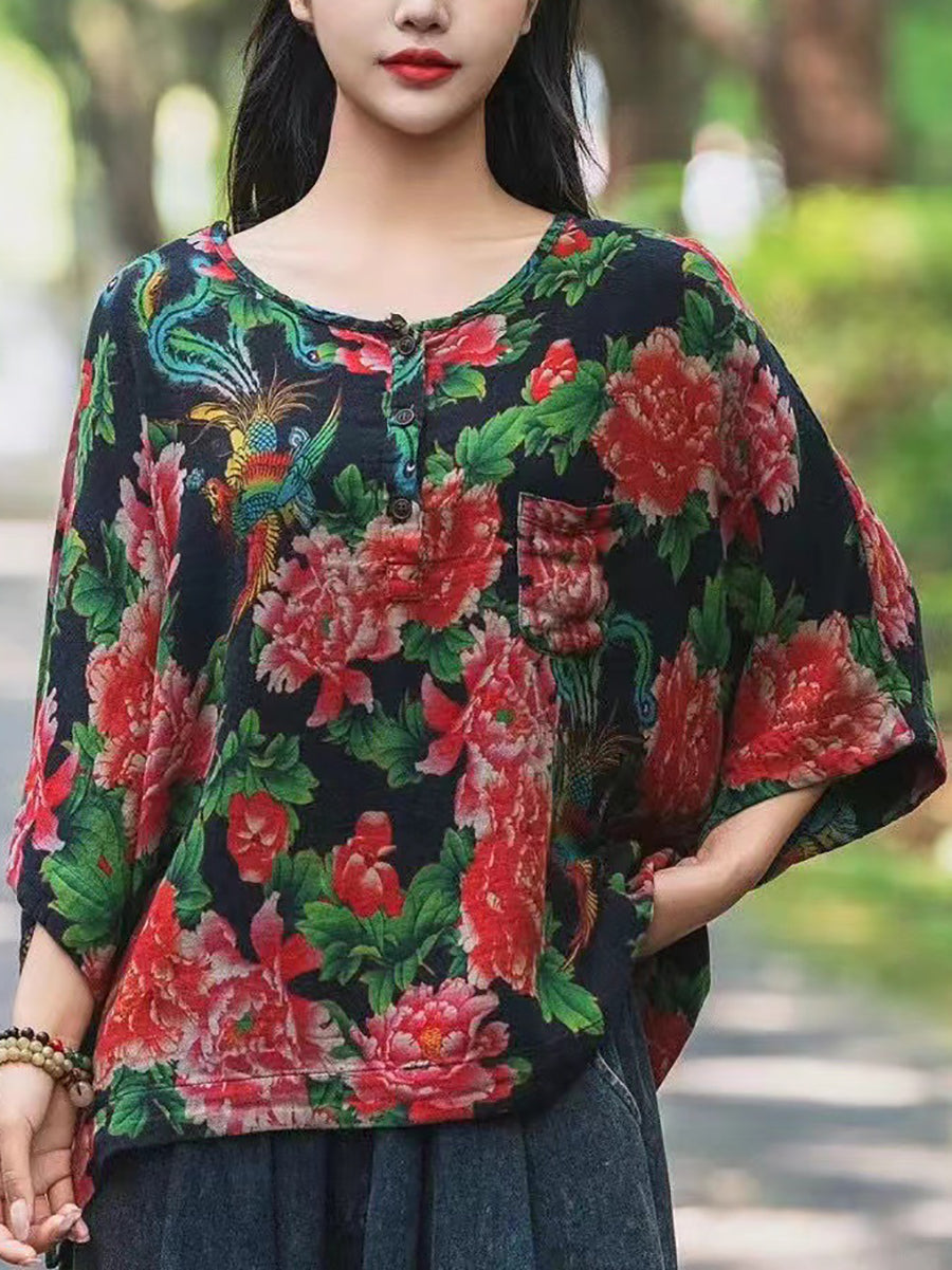 Women Summer Artsy Flower O-Neck Cotton Shirt II1038 BUYKUD