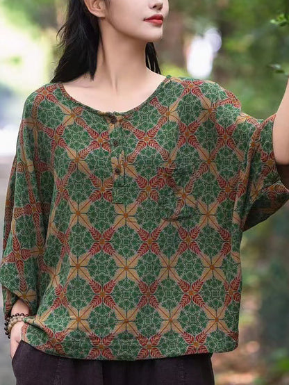 Women Summer Artsy Flower O-Neck Cotton Shirt II1038 BUYKUD