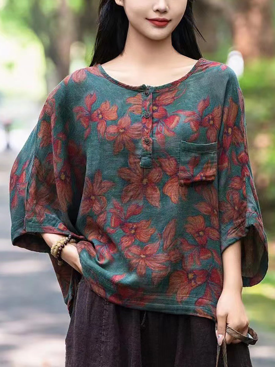 Women Summer Artsy Flower O-Neck Cotton Shirt II1038 BUYKUD