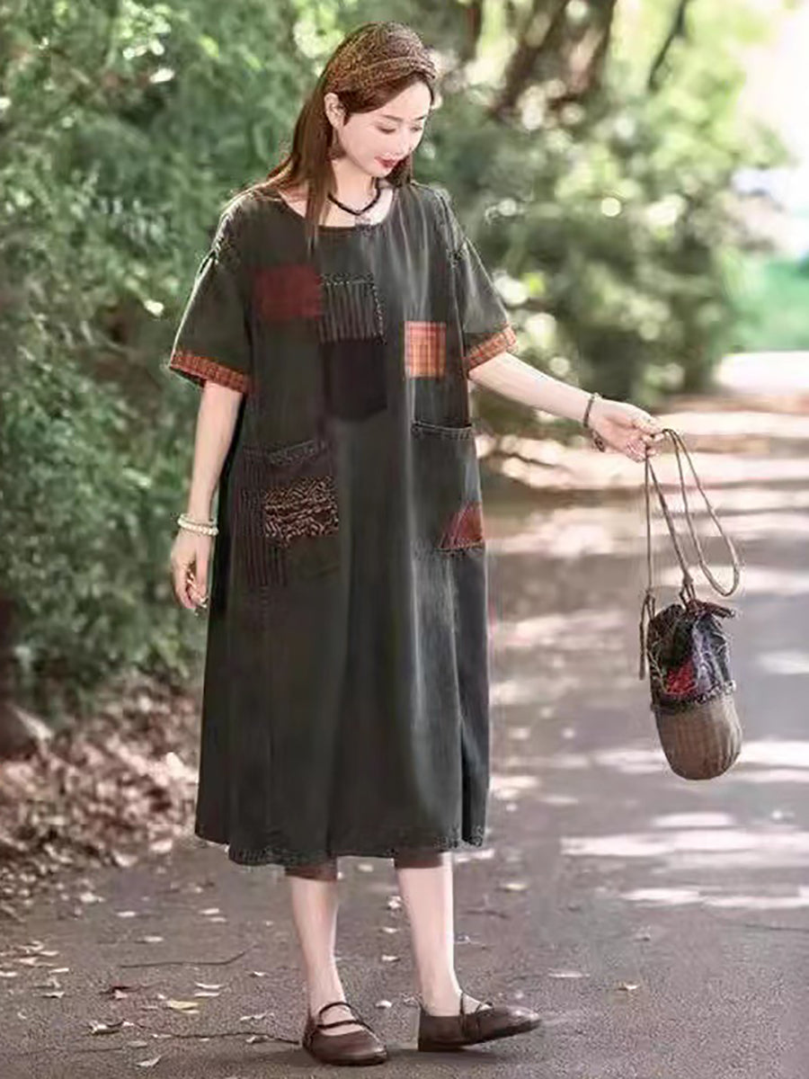 Women Summer Vintage Spliced Denim Loose Dress II1039 ZMMM