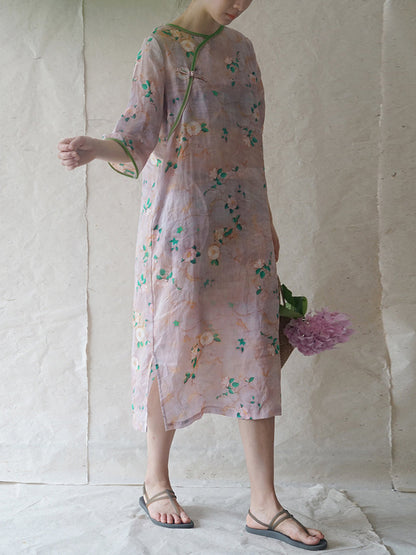 Women Summer Vintage Floral Summer Ramie Dress II1041 MH