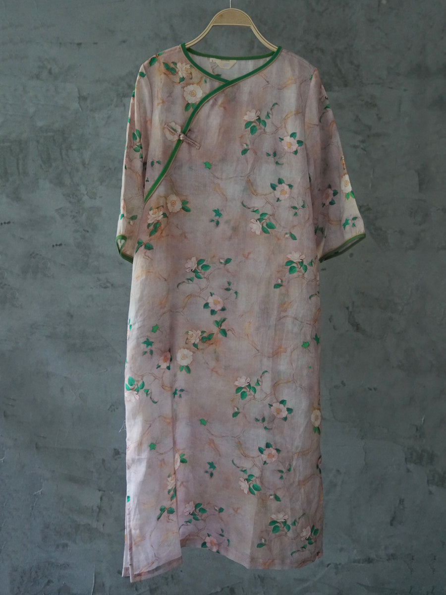 Women Summer Vintage Floral Summer Ramie Dress II1041 MH