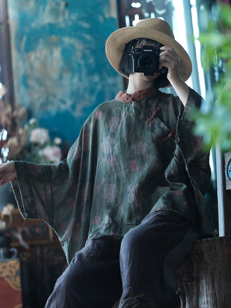 Women Summer VintageFlower Spliced Thin Ramie Shirt II1042 JSHY