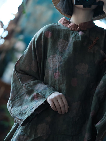 Women Summer VintageFlower Spliced Thin Ramie Shirt II1042 JSHY