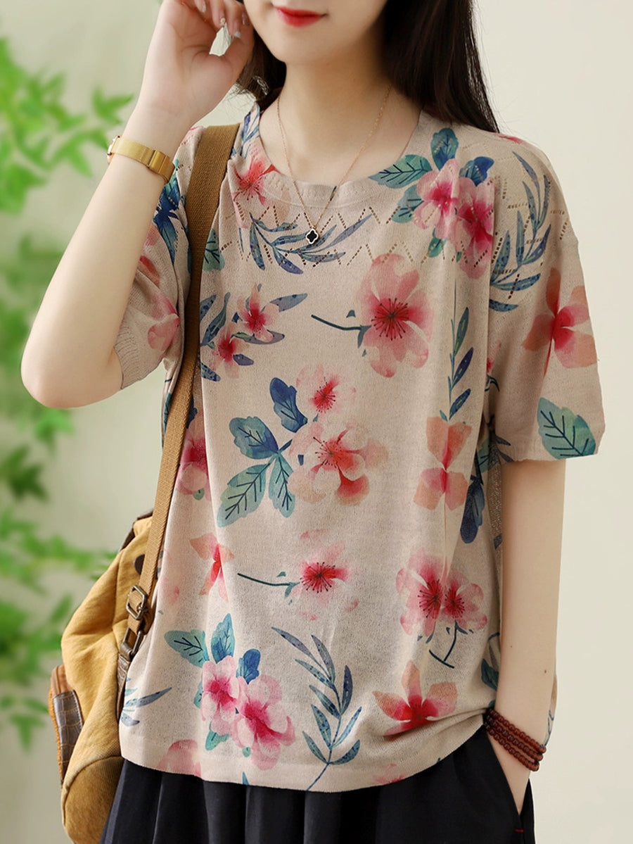 Women Summer Casual Flower O-neck Knitted Shirt II1044 ZMMM