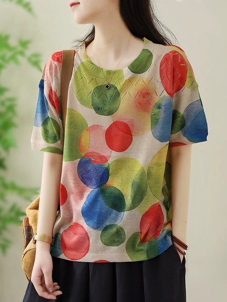 Women Summer Casual Flower O-neck Knitted Shirt II1044 ZMMM