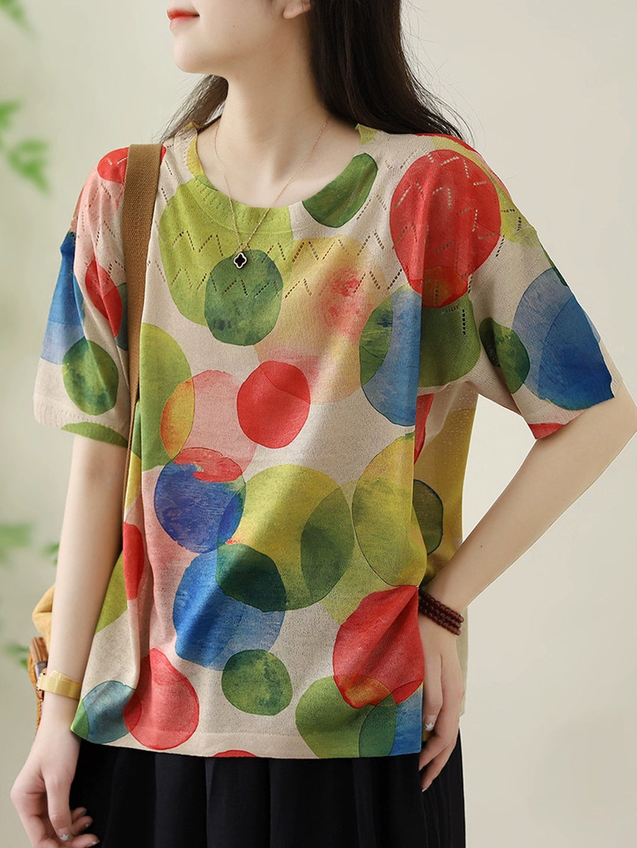 Women Summer Casual Flower O-neck Knitted Shirt II1044 ZMMM