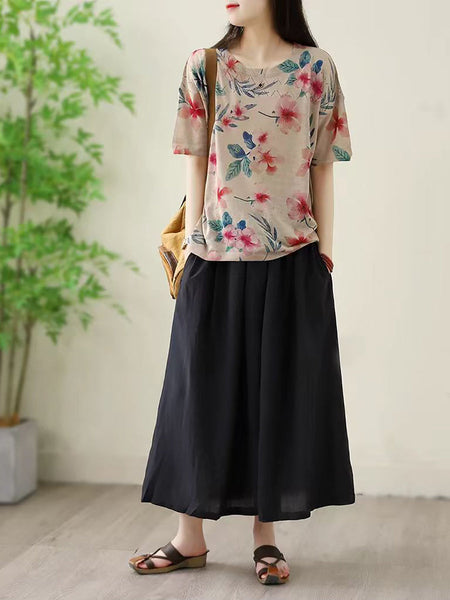 Women Summer Casual Flower O-neck Knitted Shirt II1044 ZMMM