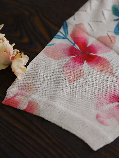 Women Summer Casual Flower O-neck Knitted Shirt II1044 ZMMM