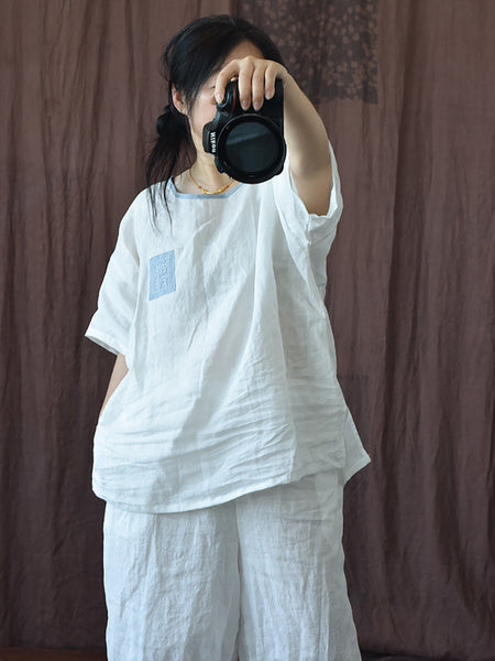 Women Summer Vintage Spliced O-Neck Ramie Shirt II1054 YCGS